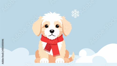 Light tan puppy with red scarf in snowy winter landscape