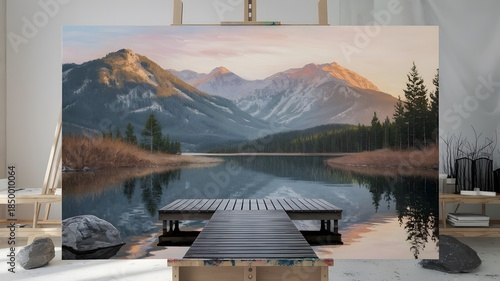 A 4K photo of a photorealistic painting of a serene landscape with mountains, a calm lake, and a woo