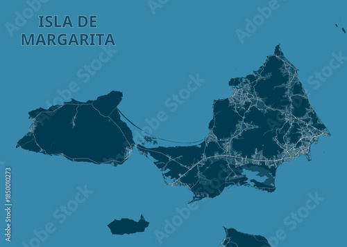 map of Isla de Margarita is displayed in a monochromatic blue color scheme. The island's shape is clearly defined, with intricate details showing roads and urban areas.