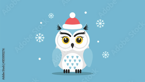 Cartoon owl with Santa hat on light blue background with snowflakes