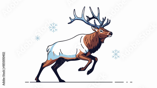 Illustration of a reindeer in mid-stride with antlers and snowflakes on a neutral background