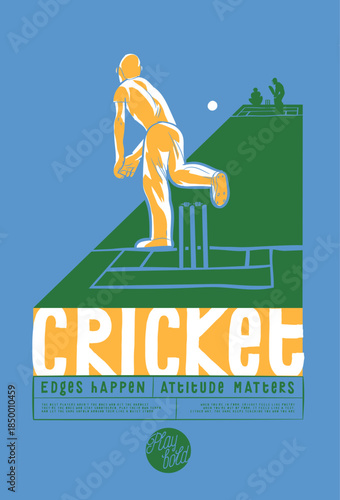 Vector illustration of a bowler in action on a cricket pitch, Vintage typography t-shirt print vector illustration