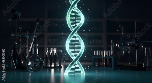 Glowing DNA Double Helix in Science Lab - Biotechnology, Genetic Research, Medical Innovation Concept
