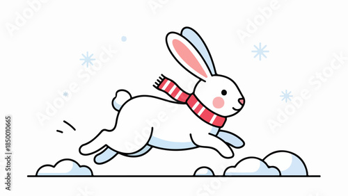 White rabbit in mid-leap with red and white striped scarf against pastel blue background with snowflakes