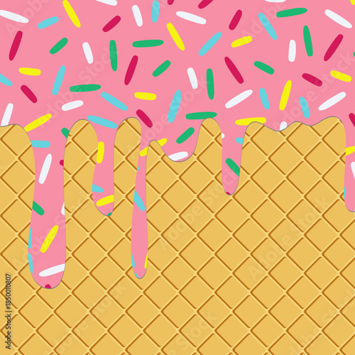 
Pink ice cream melting on a wafer background. Strawberry ice cream melting and dripping on an ice cream cone texture background. Waffle cone with pink dessert texture dripping.