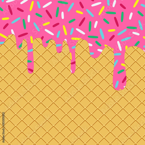 
Pink ice cream melting on a wafer background. Strawberry ice cream melting and dripping on an ice cream cone texture background. Waffle cone with pink dessert texture dripping.