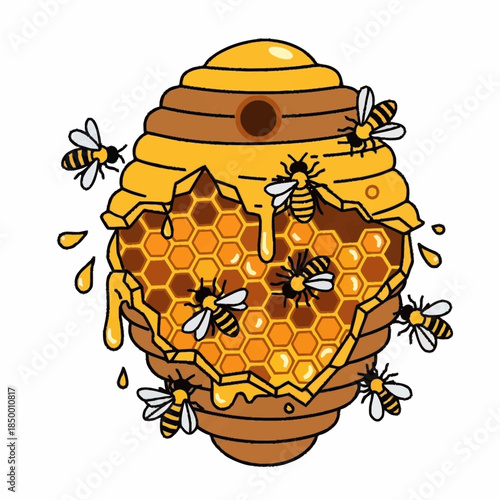 Honey Bee Hive with Bees and Dripping Honey Illustration.