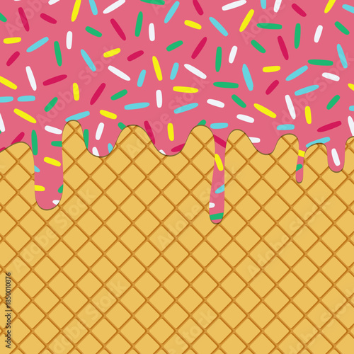 
Pink ice cream melting on a wafer background. Strawberry ice cream melting and dripping on an ice cream cone texture background. Waffle cone with pink dessert texture dripping.