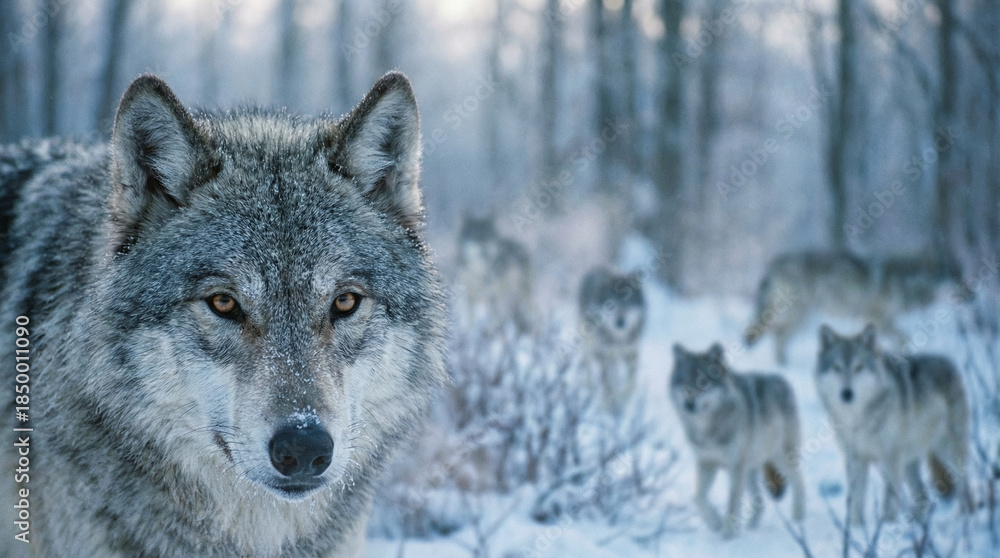 Obraz premium Close-up of an alpha wolf leading its pack in a snowy landscape