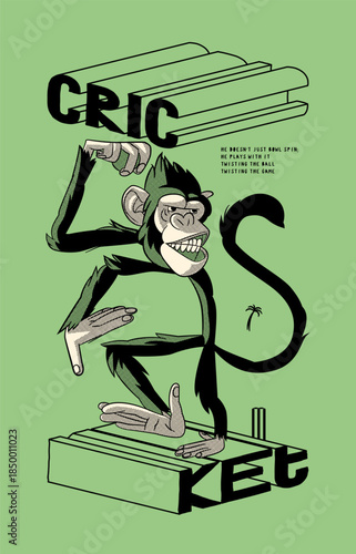 Cricket monkey spin bowler with a playful twist on the game. Cricket t-shirt print illustration.
