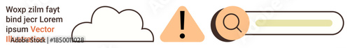 Data storage, warning alerts, web search, technology usage, online services, apps. Cloud shape, warning triangle magnifying glass over bar. Data storage and warning alert visuals