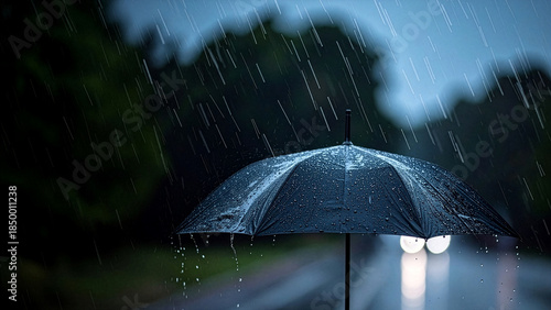 Black umbrella standing in heavy rain at night