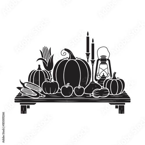 A simple black and white illustration of a harvest table setting