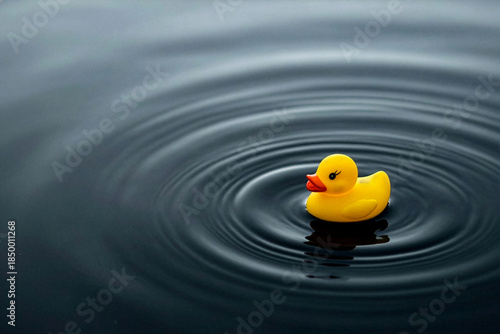Yellow rubber duck toy floating on dark water creating ripples