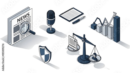 Legal and business concepts justice, news, and financial analysis illustration