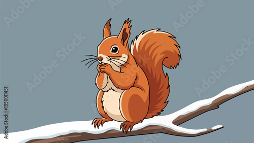 Realistic illustration of a squirrel with reddish-brown fur perched on a snow-dusted branch holding a nut