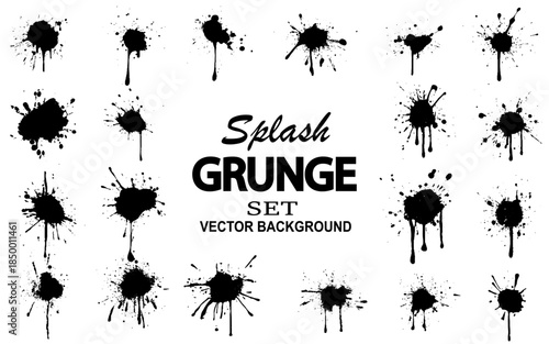 Black ink splatter. Vector paint brush texture. Set of ink blots
