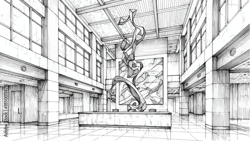 Modern office building interior with central sculpture and glass facade sketch