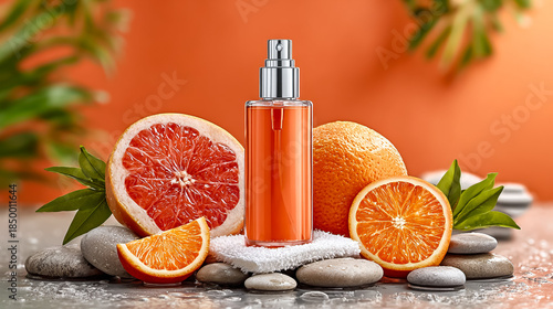 A bottle of orange cosmetic serum surrounded by fresh oranges and grapefruit on a stone surface. Green leaves add a natural touch to the scene.