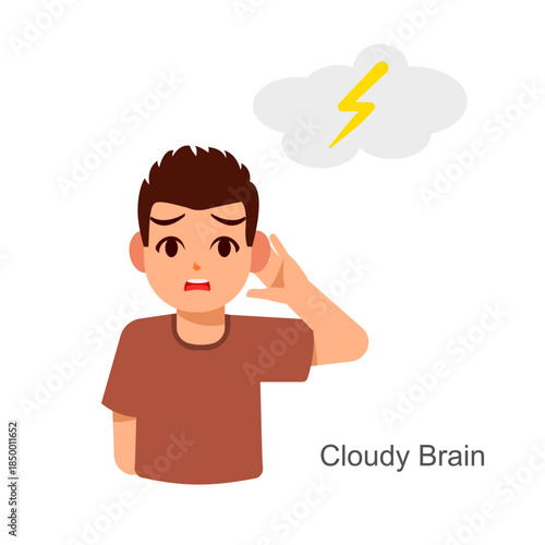 A fun cartoon vector illustration of  Head with clouds/thunderstorm in it. Stress, Depression