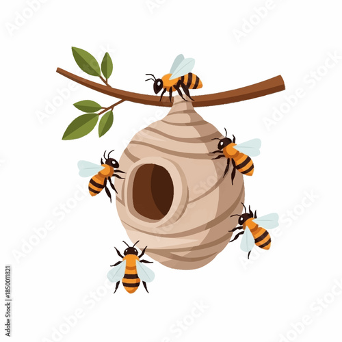 Honey bees flying around a hanging beehive on a tree branch.