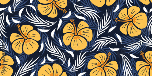 Hibiscus pattern. Botanical Seamless pattern. Exotic Hibiscus. Motif for Hawaiian shirt, Aloha shirt in summer. Beautiful yellow floral, leaf patterns blue background. hand drawn hibiscus flower.