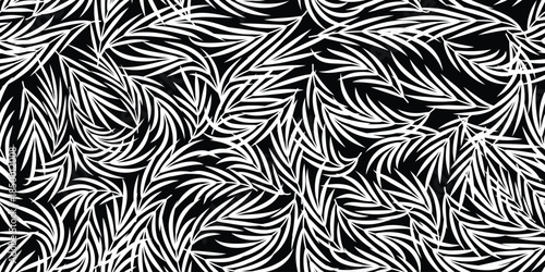 Palm leaf pattern, coconut leaf design, beautiful minimalist seamless pattern, monochrome black and white color scheme, cool and stylish leaf design. Motif for Hawaiian shirt, Aloha shirt in summer. 