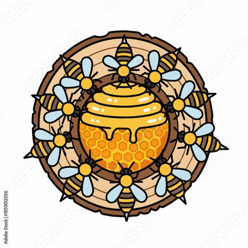 Honey pot with bees and honeycomb on a wooden background.