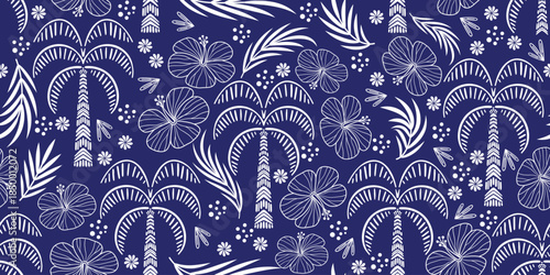 Hibiscus pattern. Botanical Seamless pattern. Exotic Hibiscus. Motif for Hawaiian shirt, Aloha shirt in summer. Beautiful coconut, palm tree, leaf patterns blue background. hand drawn hibiscus flower.