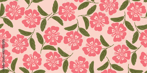 Hibiscus pattern. Botanical Seamless pattern. Exotic Hibiscus. Motif Hawaii shirt, Aloha shirt summer.Beautiful pink floral sweet, floral patterns, background. hand drawn hibiscus flower.Pink fashion 