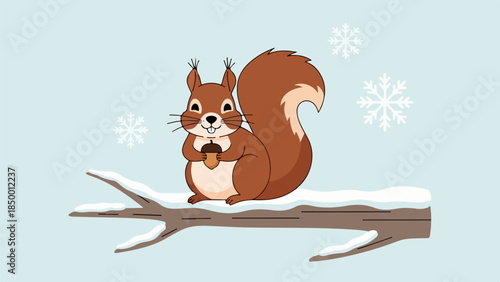 Reddish-brown squirrel with bushy tail perched on snow-covered branch holding a nut