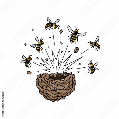 Wasp nest exploding with wasps flying out in a chaotic scene.