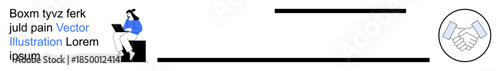 Remote work, online agreements, teamwork, networking, digital contracts, business growth. Laptop user and handshake icon. Remote work and online agreements concept