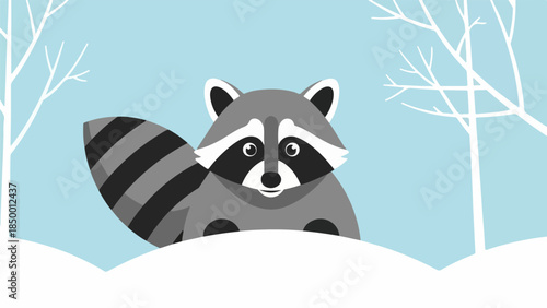 Playful raccoon illustration peeking over snowdrift in winter landscape