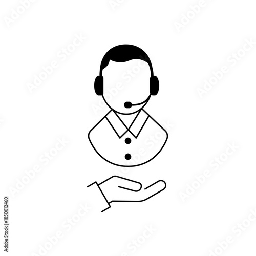 Customer service icon with supporting hand underneath, clean flat symbol representing help, trust, customer care, assistance, call center support, and professional business communication.