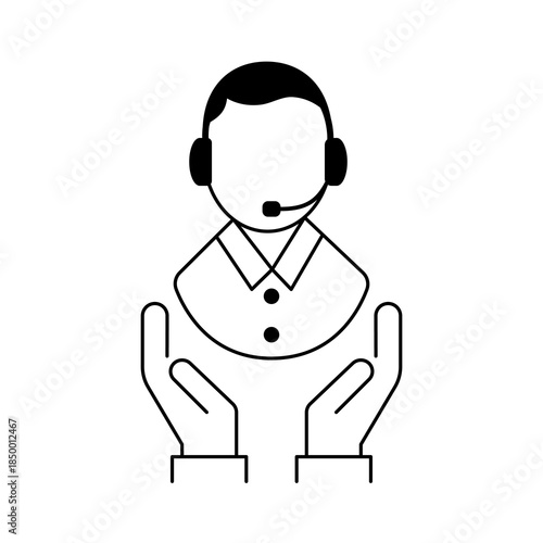 Customer service icon with helping hand below, flat support symbol for assistance, customer care, helpdesk, call center, and trusted business communication concepts.