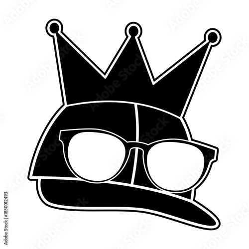 Stylish crown hat icon with sunglasses isolated on white background, bold black flat design for fashion, street style, cool attitude, branding, logo, and modern graphic concepts.