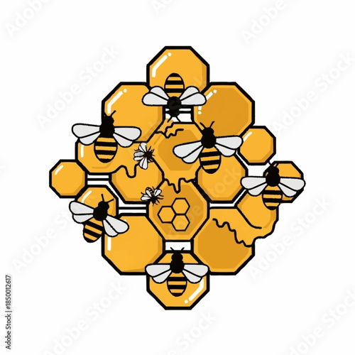 Bees buzzing around a golden honeycomb structure.