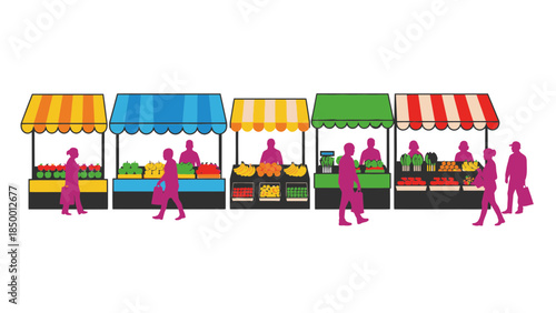 Colorful Street Market Stalls with Vendors and Customers Selling Fresh Produce and Goods.
