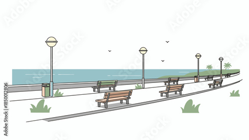 Serene Coastal Promenade with Benches and Lampposts Overlooking the Sea, Perfect for Relaxation.