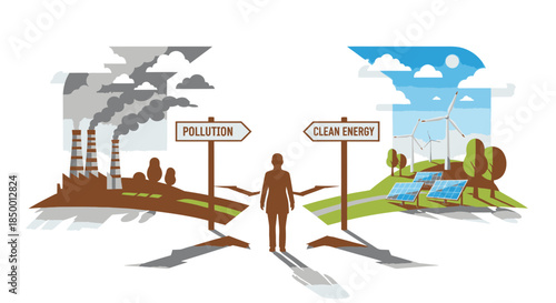 Crossroads Choice Between Industrial Pollution and Clean Energy for a Sustainable Future.
