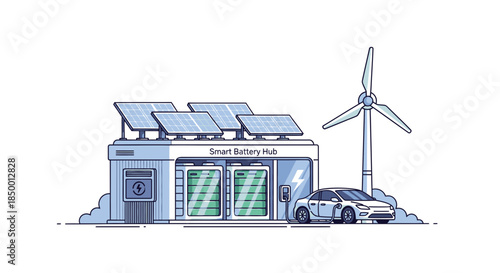 Smart Battery Hub for Electric Car Charging with Renewable Energy Sources like Solar Panels and Wind Turbine.