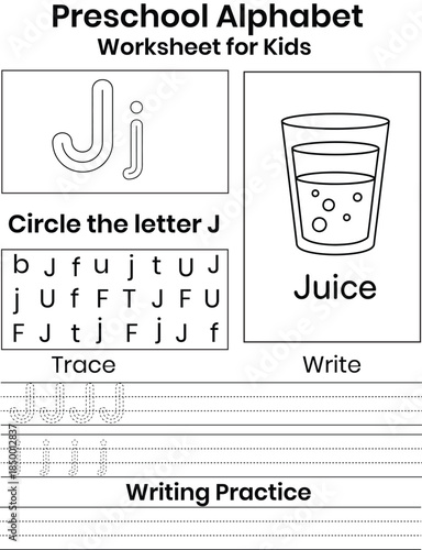 preschool alphabet worksheet for kids education  letter j tracing practice