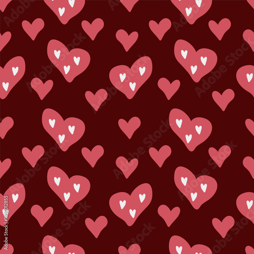 Cute hand drawn seamless pattern with red and pink hearts. Valentines Day romantic vector background for greeting cards, wedding invitations and prints.