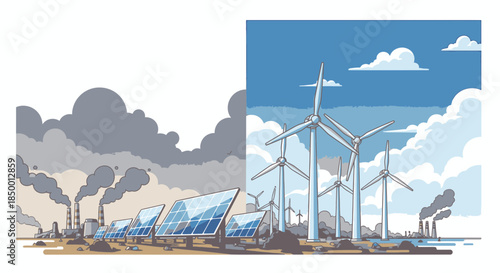 Environmental Comparison: Polluted Industrial Landscape vs. Clean Renewable Energy Future.