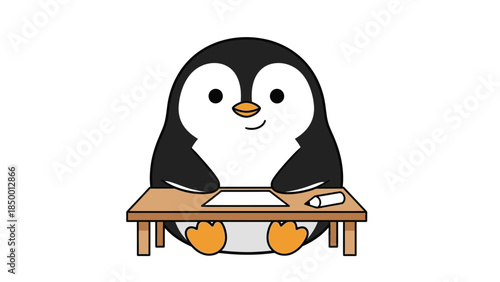 Adorable Cartoon Penguin Character Sitting at a Desk and Drawing or Writing.