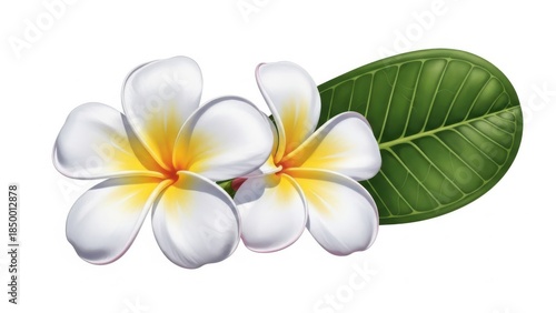 Two white and yellow plumeria flowers with a green leaf
