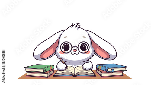 Adorable Cartoon Rabbit Character Wearing Glasses and Studying with Books on a Desk.