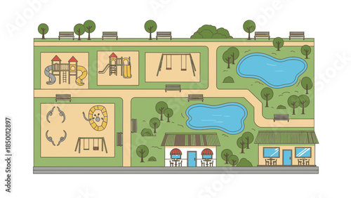 Top-Down View of a Public Park with Playgrounds, Ponds, and Lush Green Areas for Recreation.