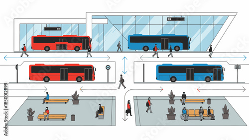 Urban Bus Station with Modern Buses and Pedestrians, Depicting Public Transportation.